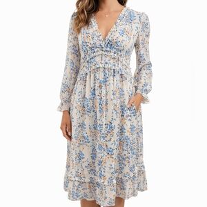 SHEIN Floral Midi Dress Long Sleeve Ruffle V-Neck Size L